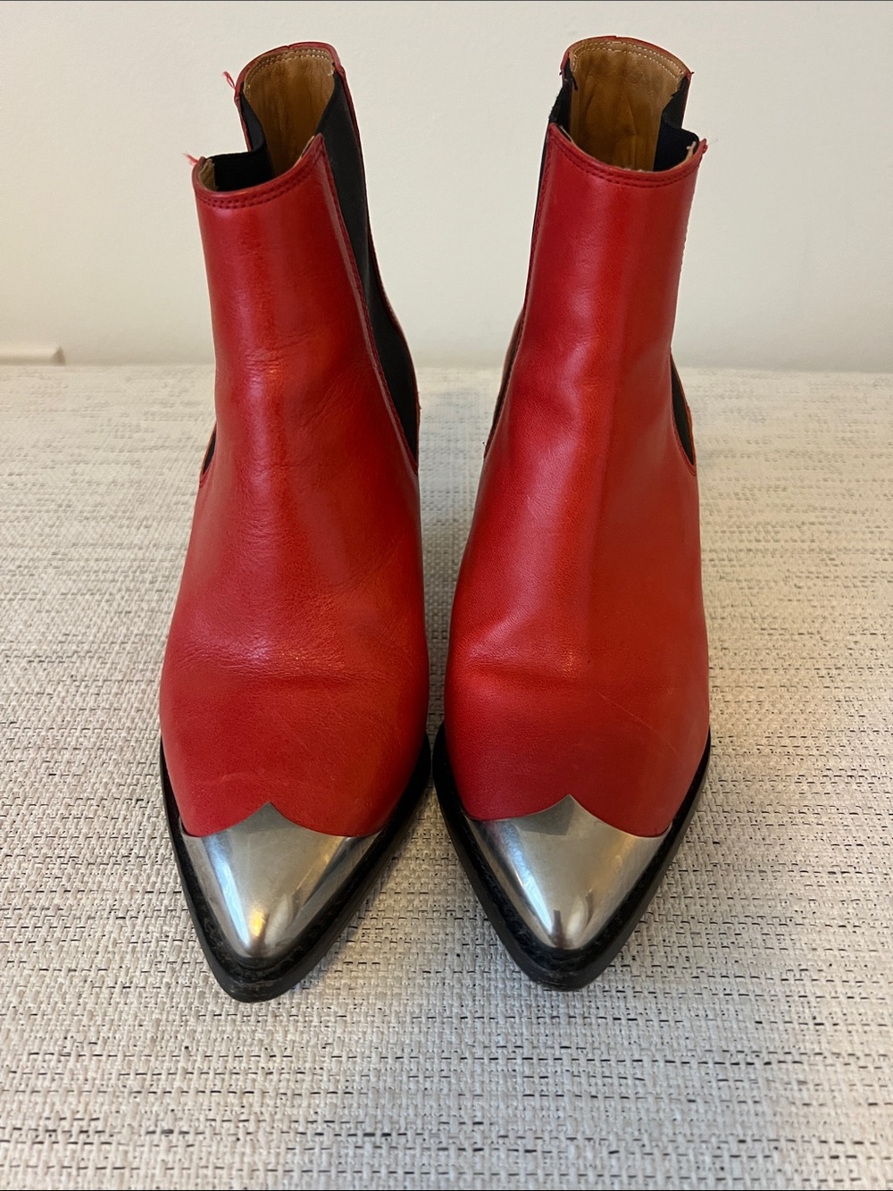 Isabel Marant Red Leather Pointed Toe Ankle Boots with Silver Cap